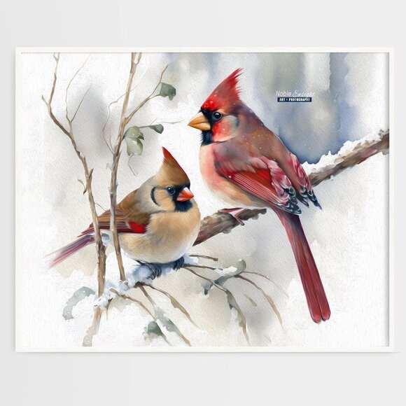 16x20 Northern Red Cardinal Love Birds Watercolor Oil Painting Poster‎ - Picture 2 of 6